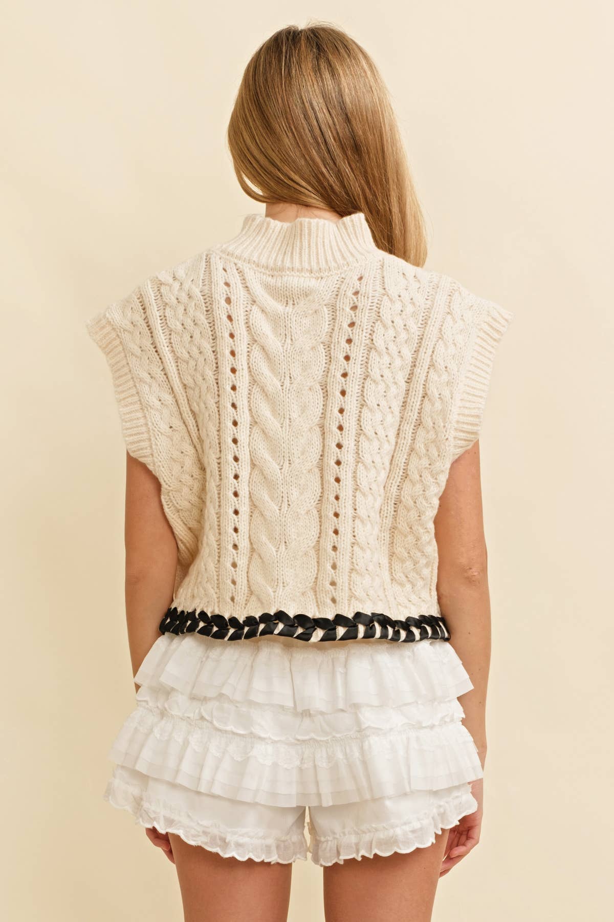 CREAM CABLE KNIT DROP SHOULDER CONTRAST STITCH SWEATER