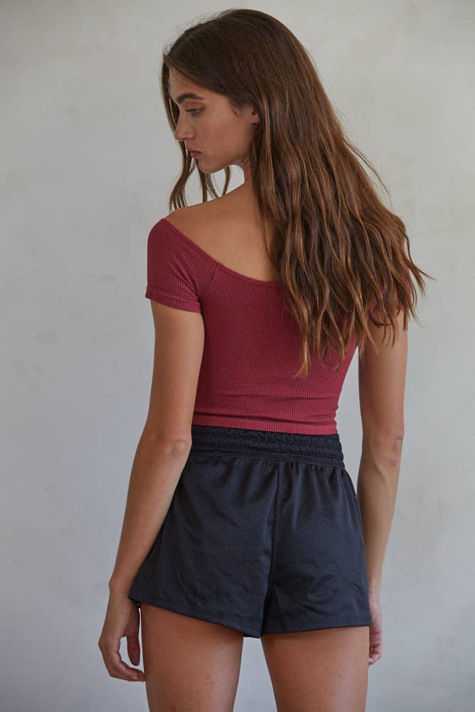 Reese Ribbed Burgundy Off Shoulder Crop Top