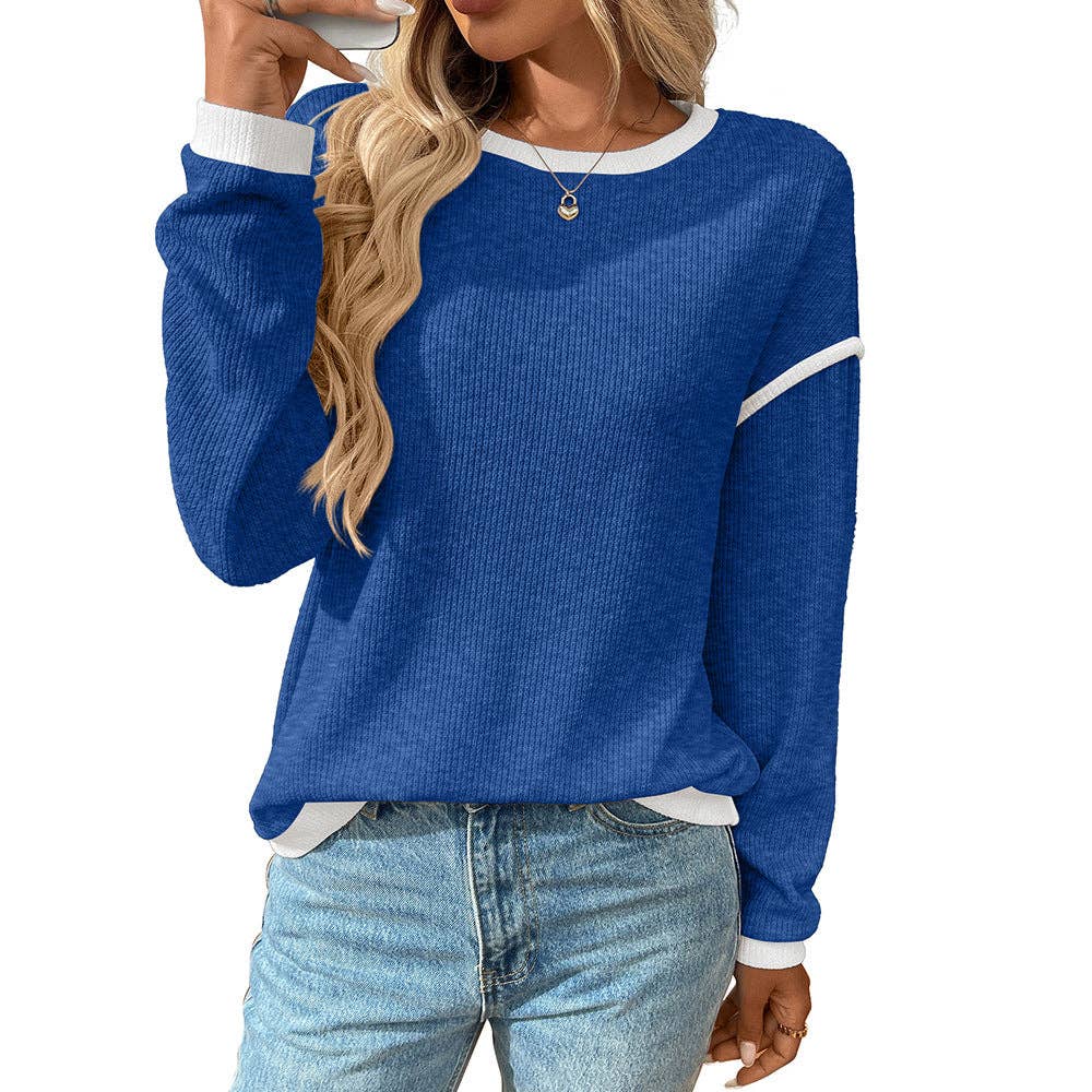 Blue Colorblock Crewneck Knit Long Sleeve Top