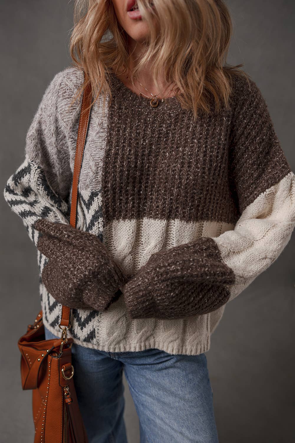 Brown Color Block Patchwork Knotted Back Loose Fit Sweater