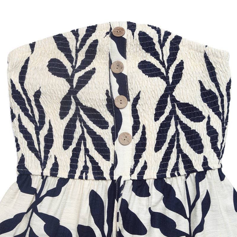 Dani Navy Blue Strapless Leaf Print Romper Smocked Waist