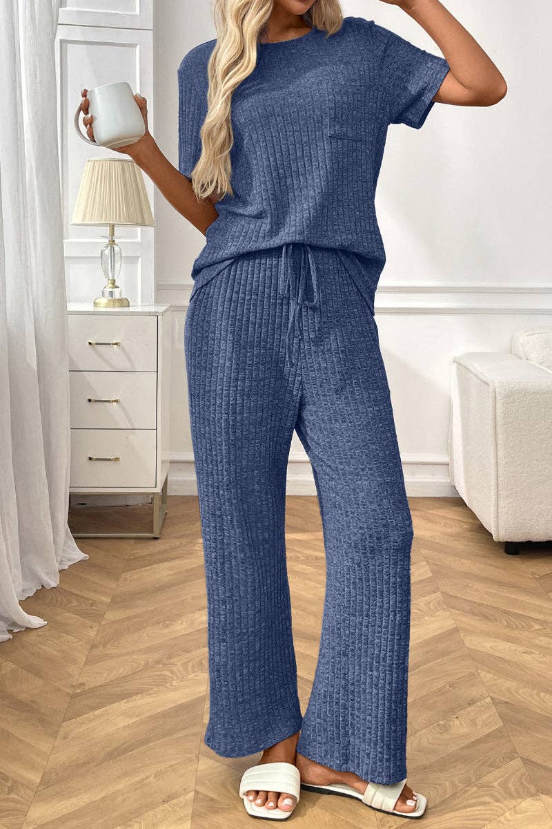 Blue Ribbed Knit Lounge Set with Short Sleeve Top and Pants