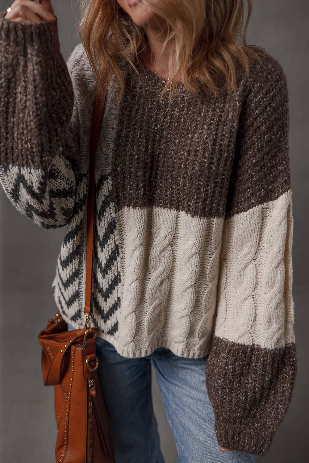 Brown Color Block Patchwork Knotted Back Loose Fit Sweater