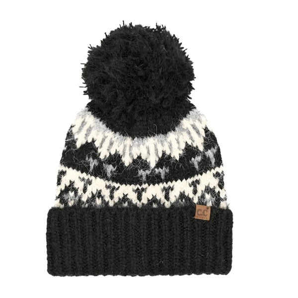 Geometric Pattern Yarn Pom Beanie