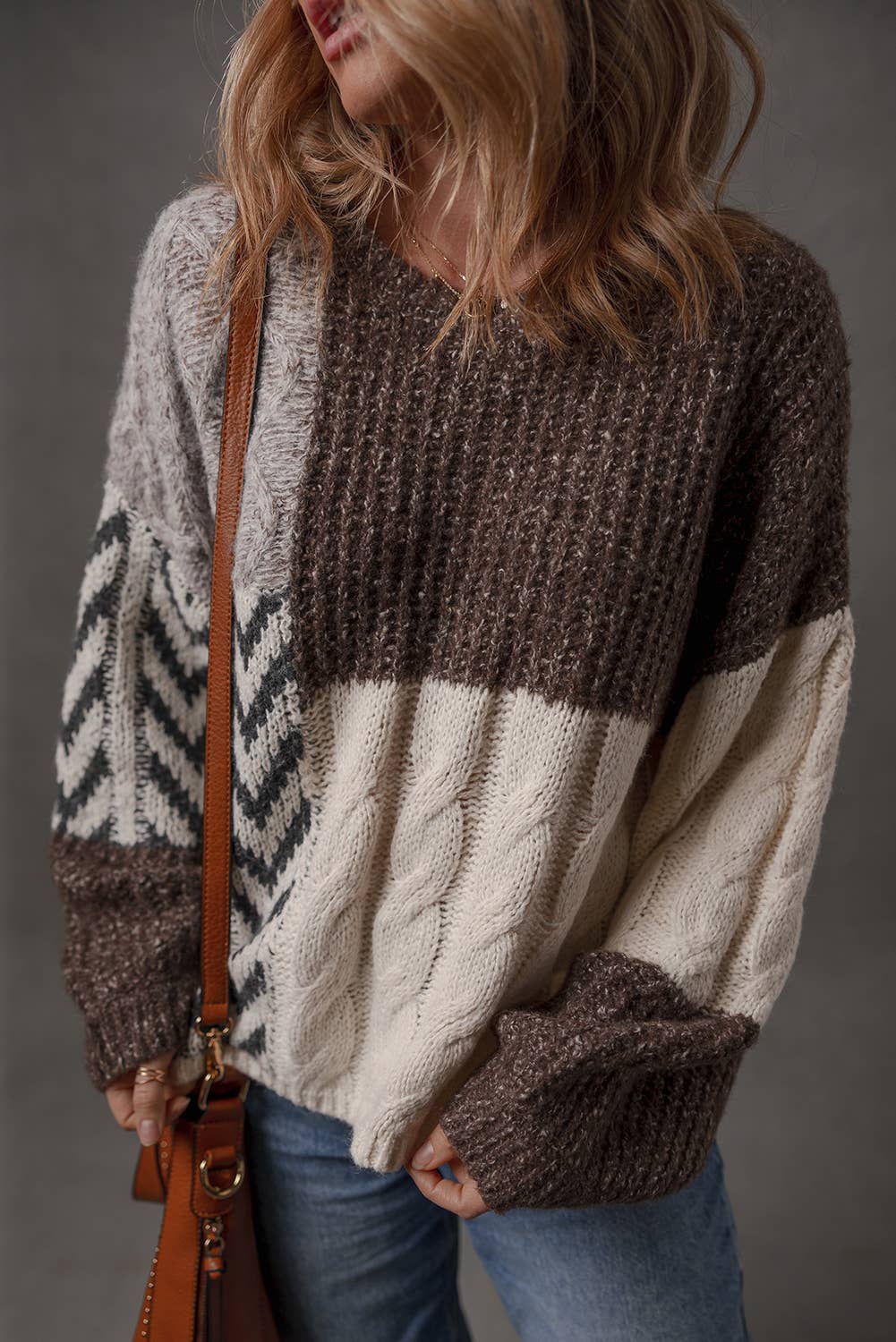 Brown Color Block Patchwork Knotted Back Loose Fit Sweater