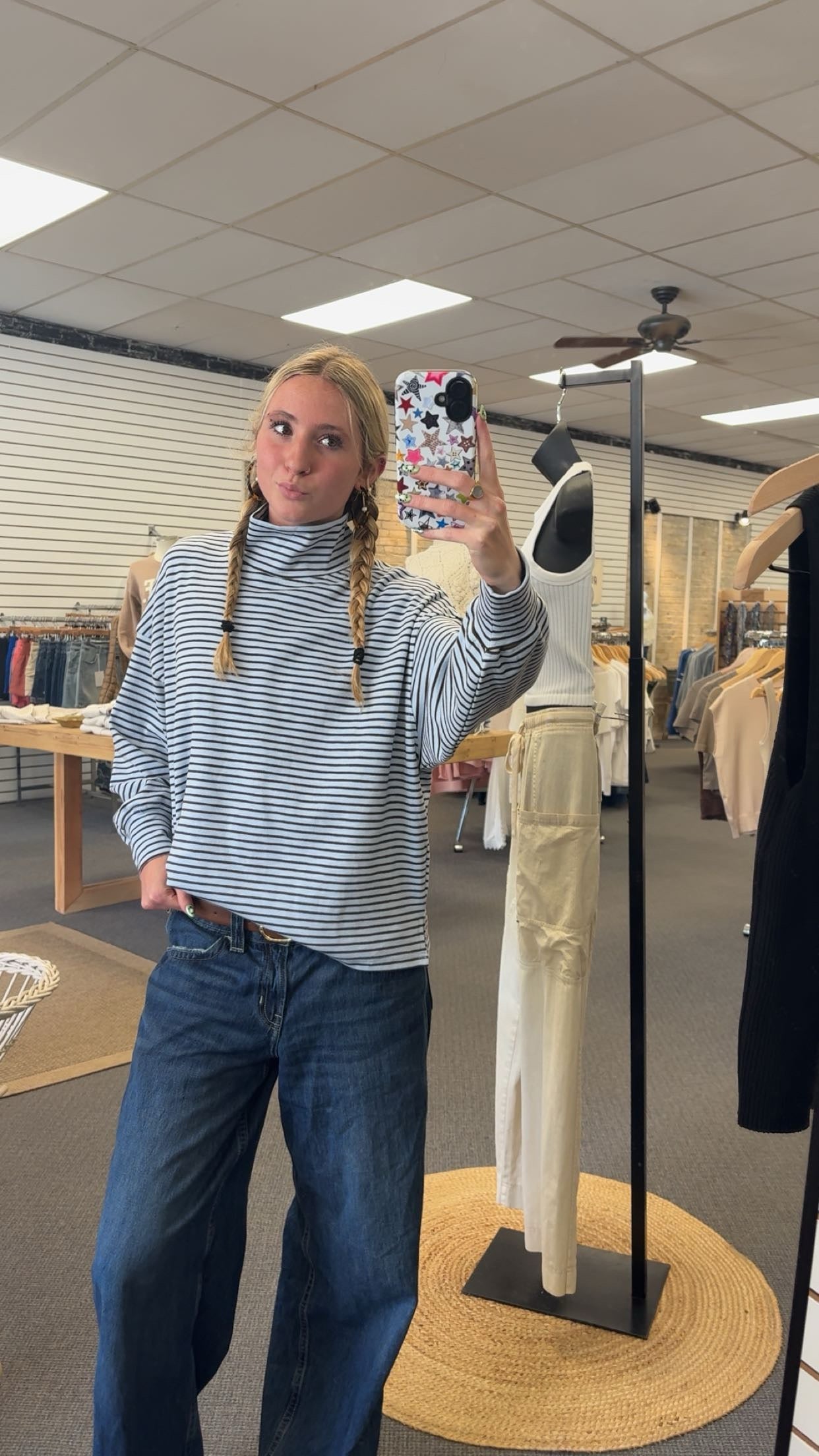 Blue Ridge Mock Neck- Blue-Brown Stripe