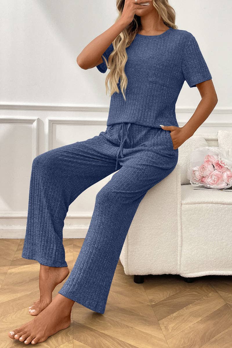 Blue Ribbed Knit Lounge Set with Short Sleeve Top and Pants