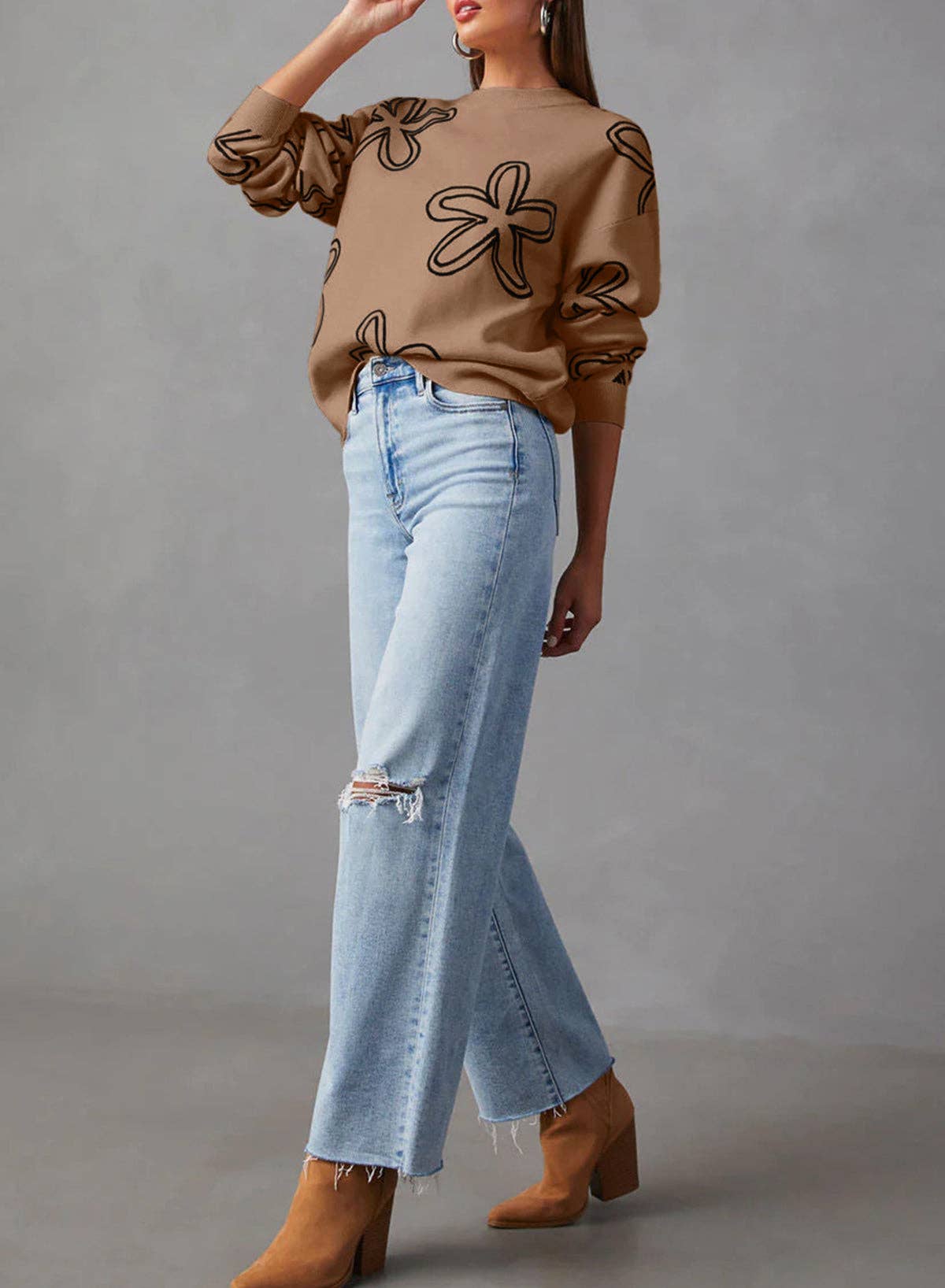 Flower Shape Ribbed Edge Drop Shoulder Sweater