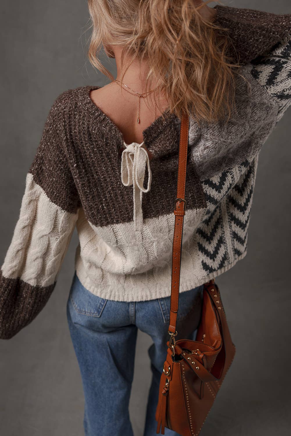 Brown Color Block Patchwork Knotted Back Loose Fit Sweater