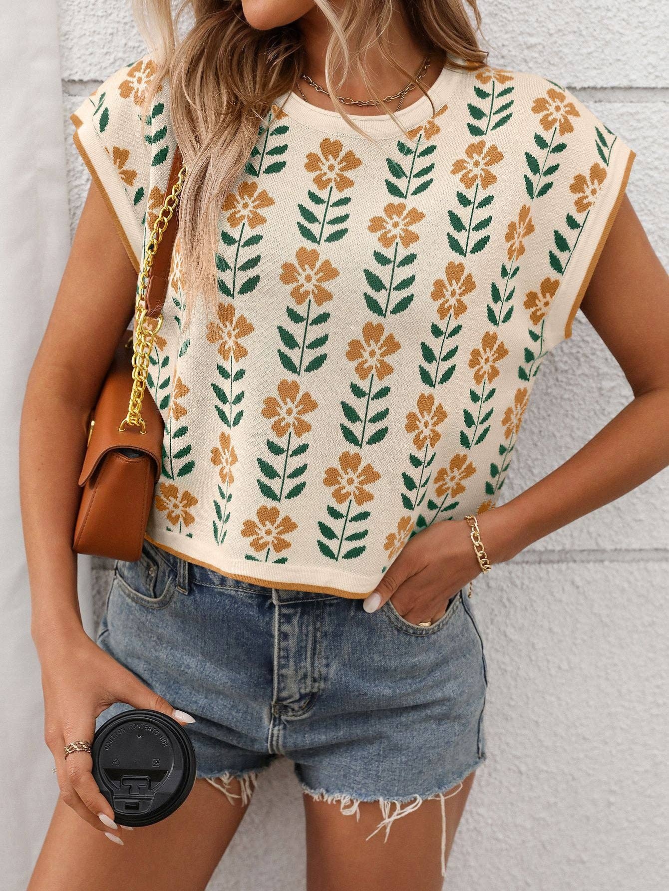 Retro Floral Knit Crop Sleeve Sweater
