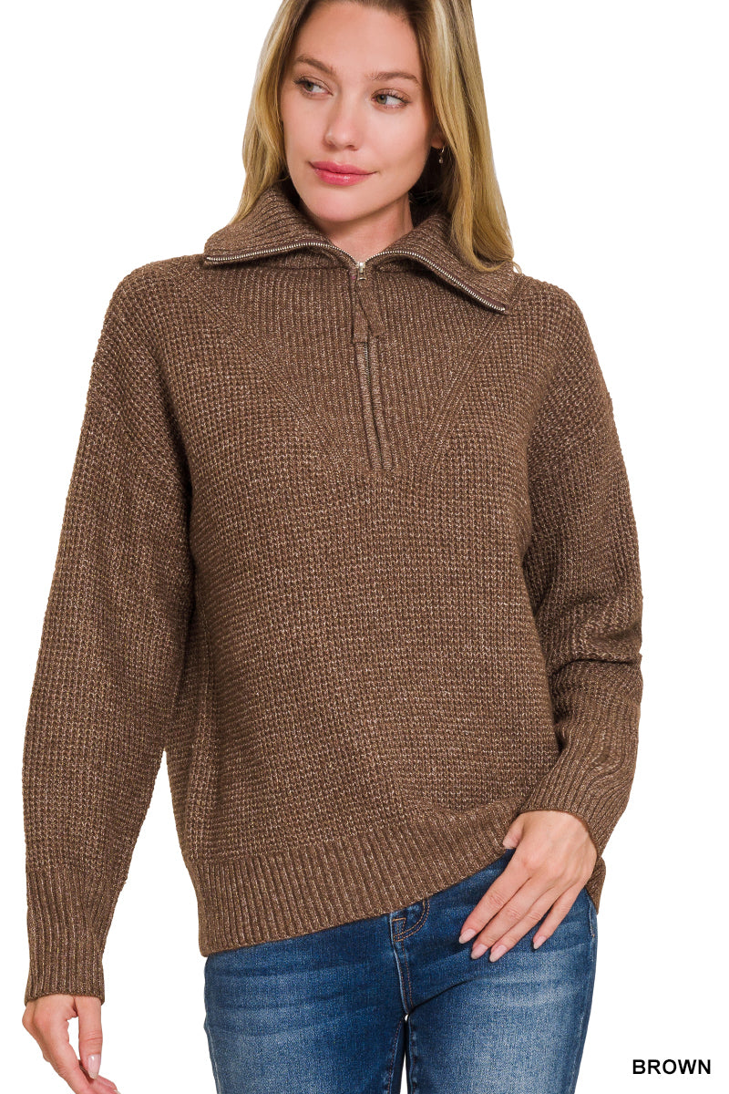 Brown Half Zipped Pull Over Sweater