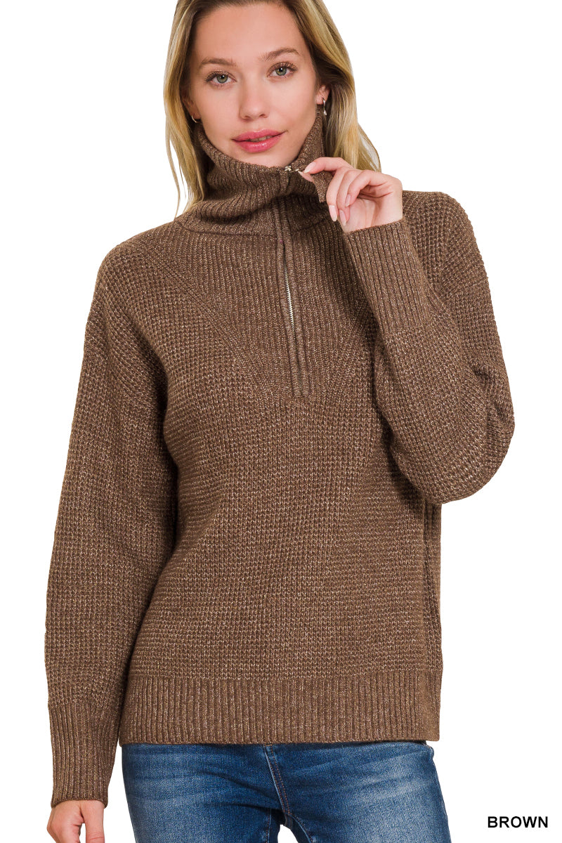Brown Half Zipped Pull Over Sweater