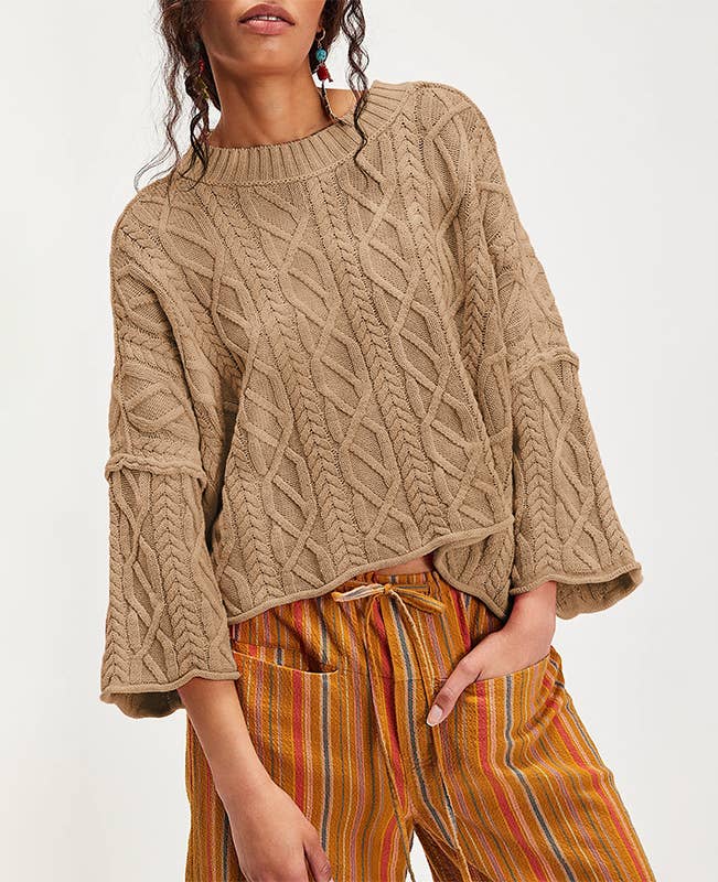 Khaki Cropped Cable Knit Bell Sleeve Sweater