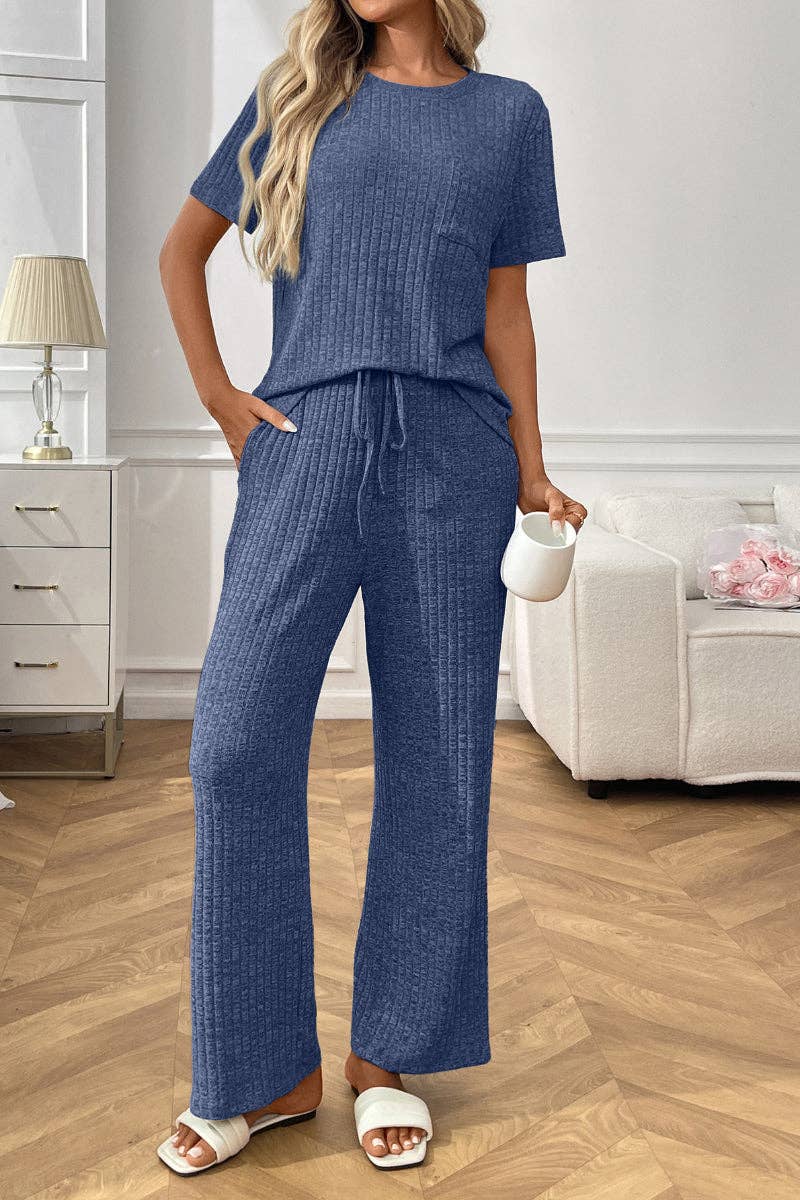 Blue Ribbed Knit Lounge Set with Short Sleeve Top and Pants