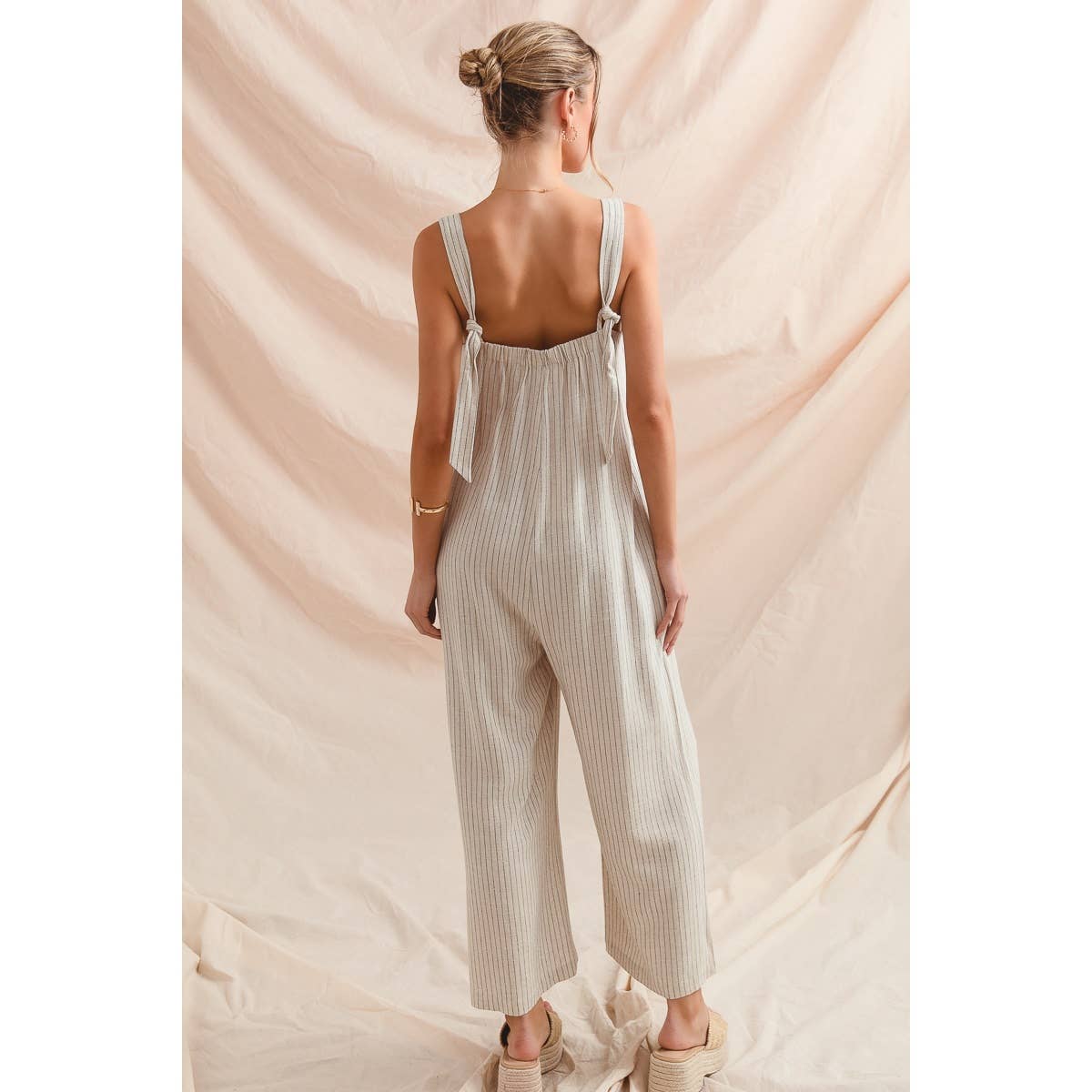 Summer nights button front linen overalls- Oatmeal with black