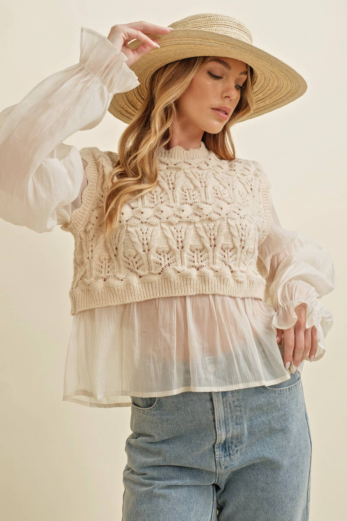 BEIGE CROCHET LAYERED TOP