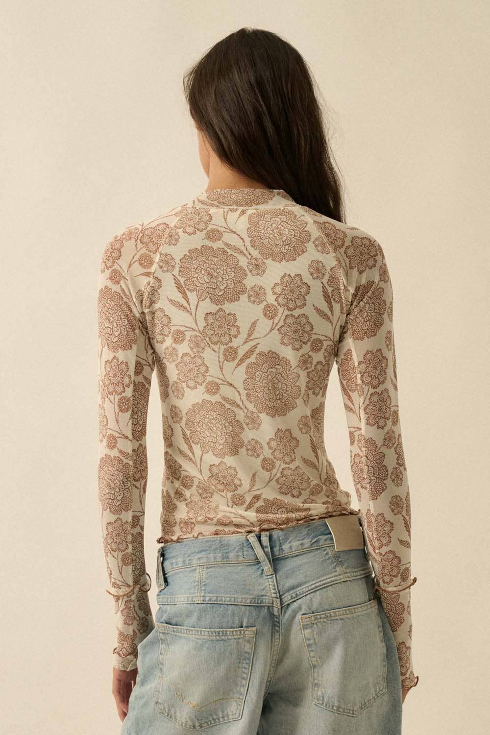 Woodland Bloom Mesh Mock-Neck Raglan Top