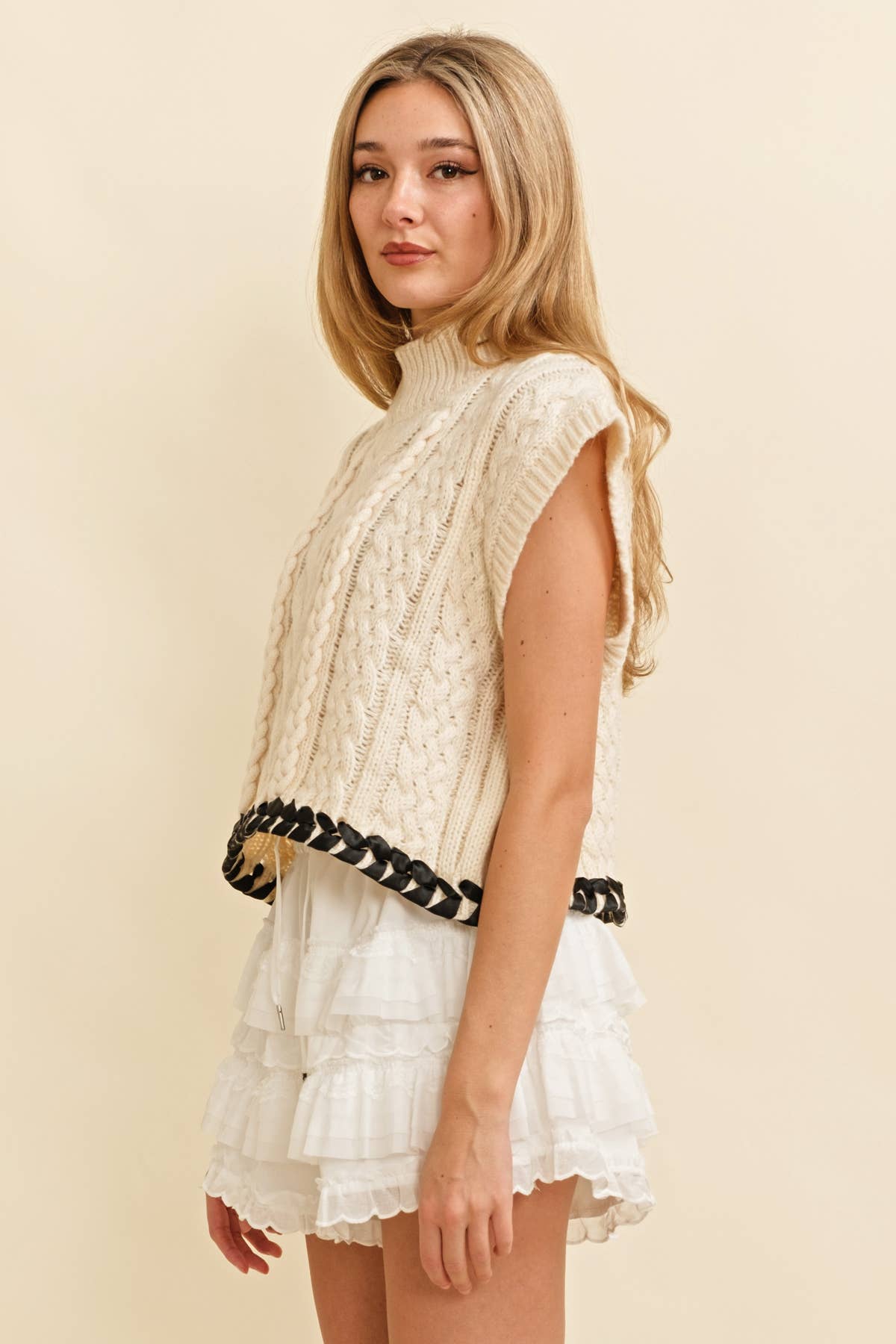 CREAM CABLE KNIT DROP SHOULDER CONTRAST STITCH SWEATER