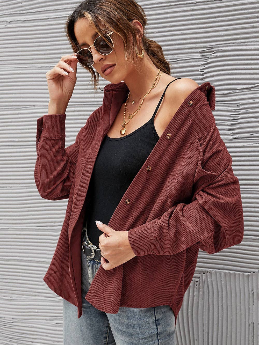 Maroon Loose Casual Corduroy Shirt