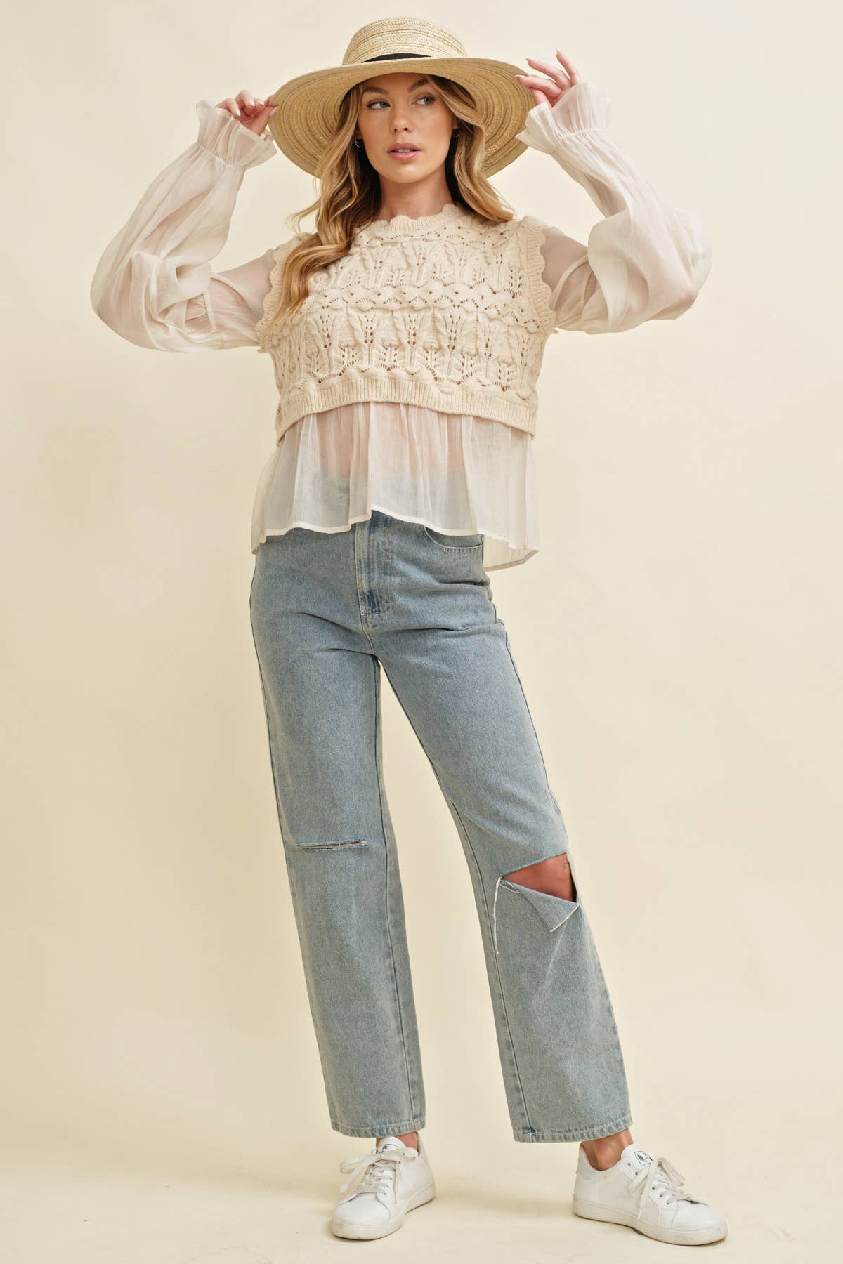 BEIGE CROCHET LAYERED TOP