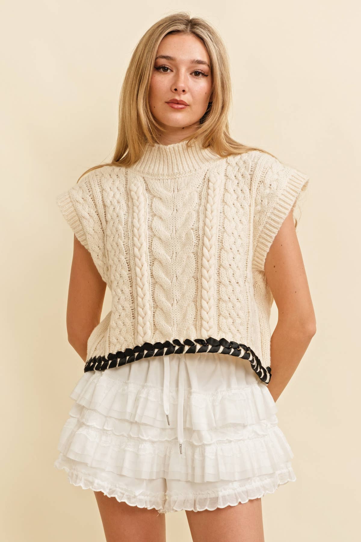 CREAM CABLE KNIT DROP SHOULDER CONTRAST STITCH SWEATER