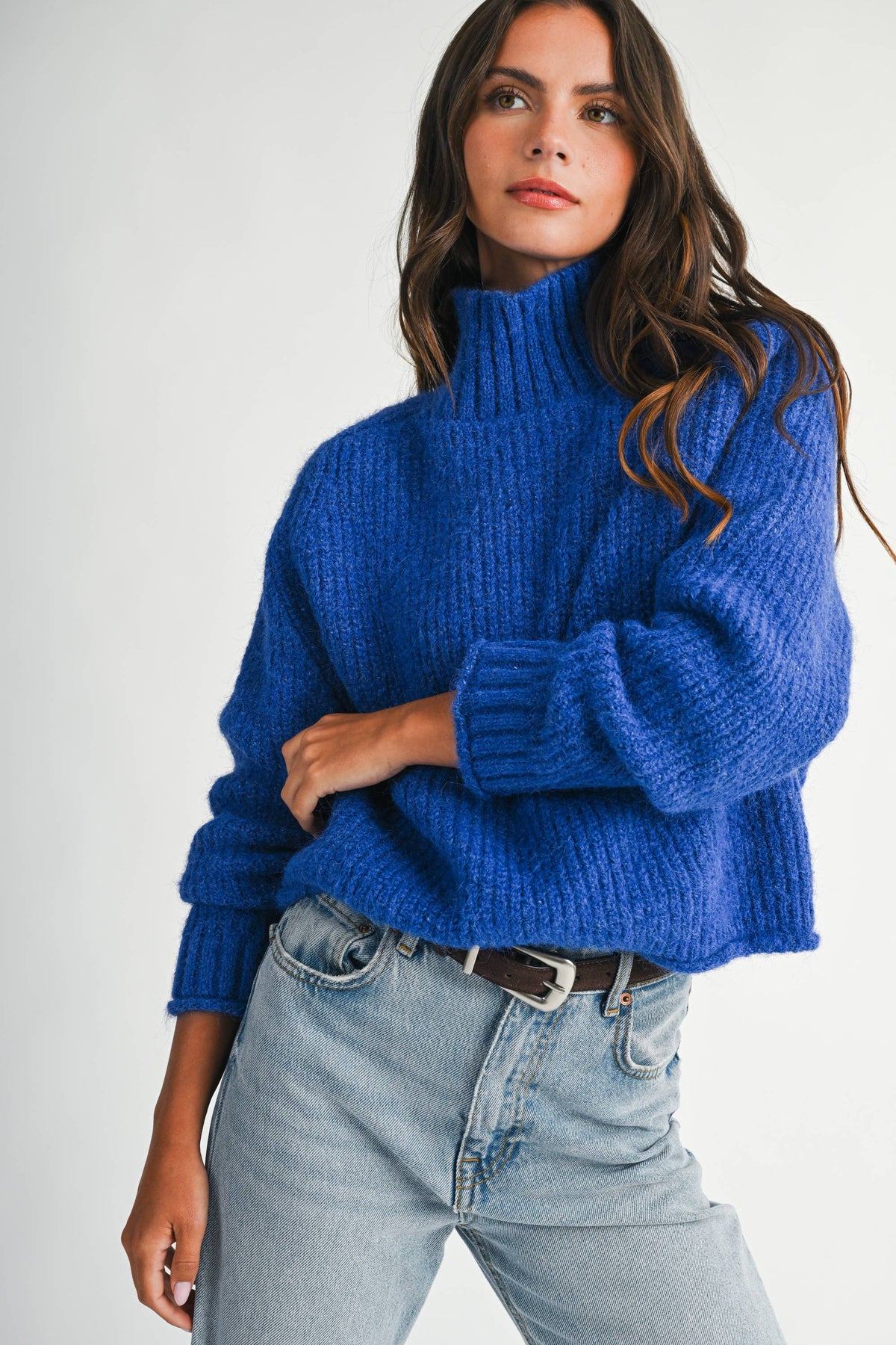 Cobalt Soft Brushed Mock Neck Sweater