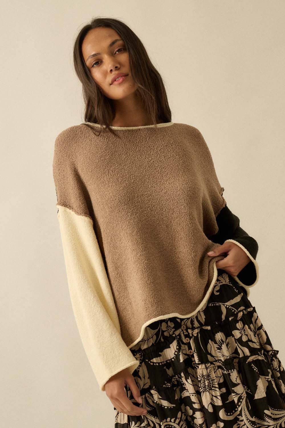 The Coffee House Knit Textured Rolled-Edge Sweater