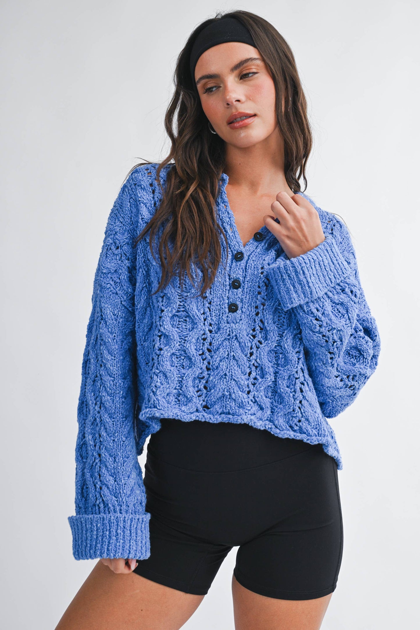 Blue Textured Cropped Henley Knit Sweater
