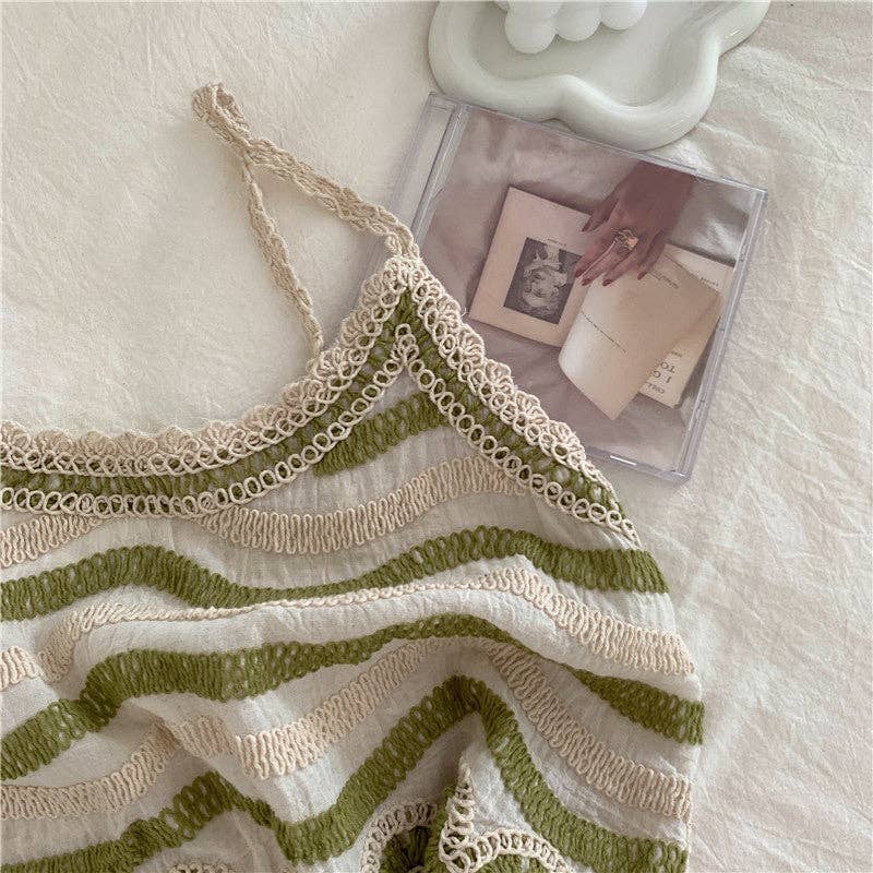 Green Striped Embroidered Summer Tank Top: One Size