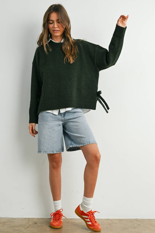Olive Tie Split-Hem Crewneck Sweater