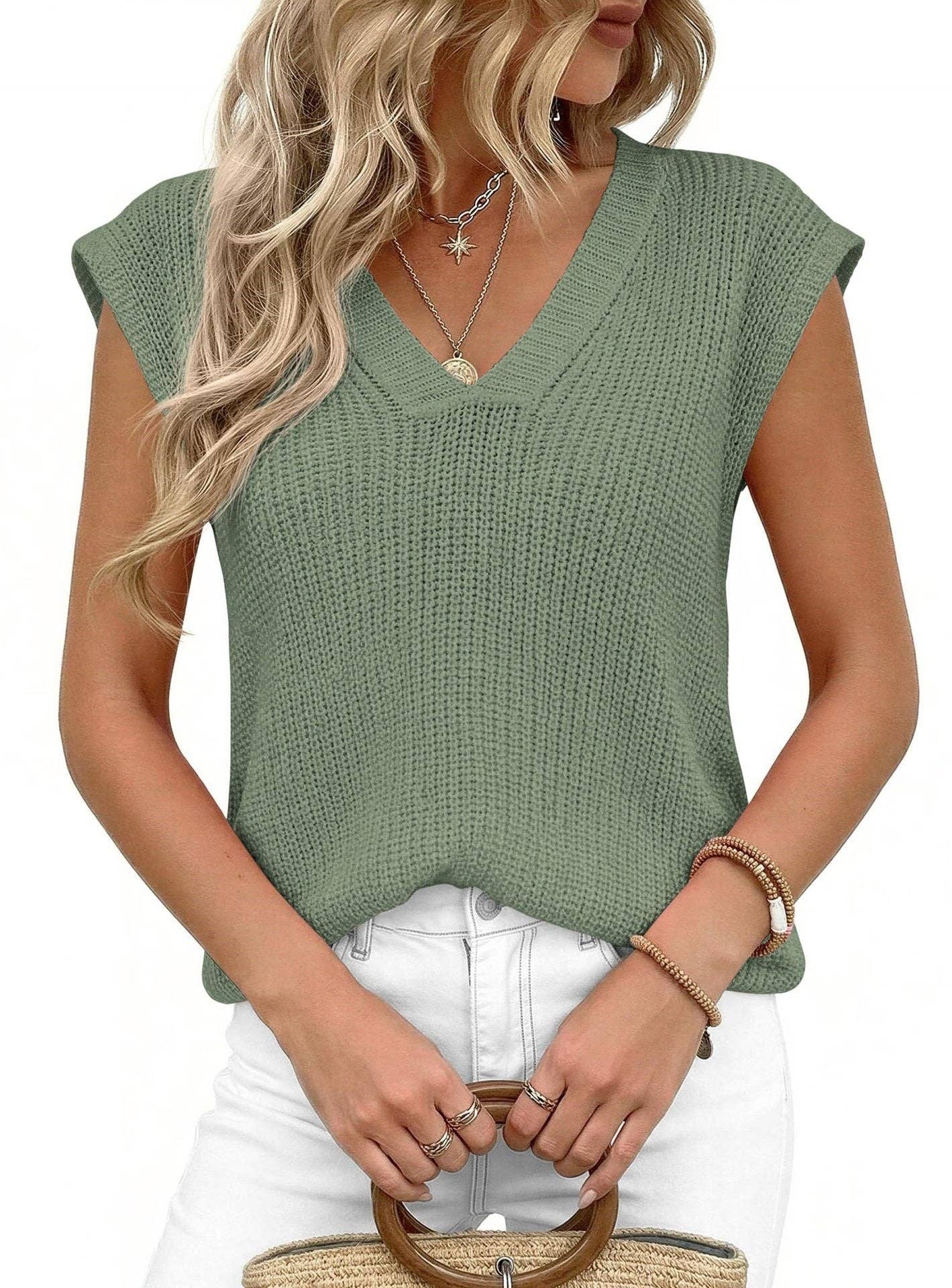 Women’s V Neck Sleeveless  Loose Casual Summer Top: Bean Green