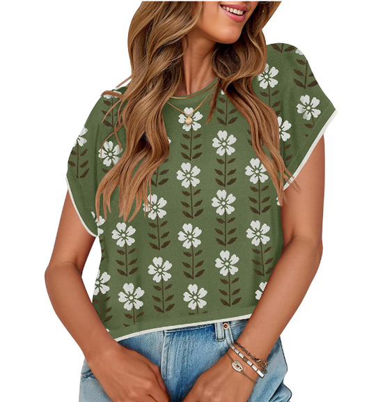 Green Floral Knit Crop Vintage Pullover Sweater