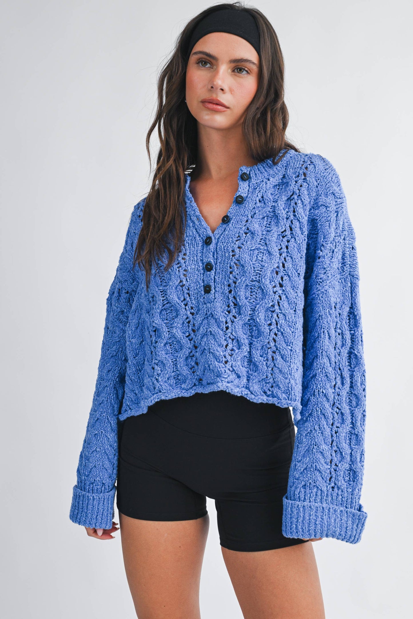 Blue Textured Cropped Henley Knit Sweater