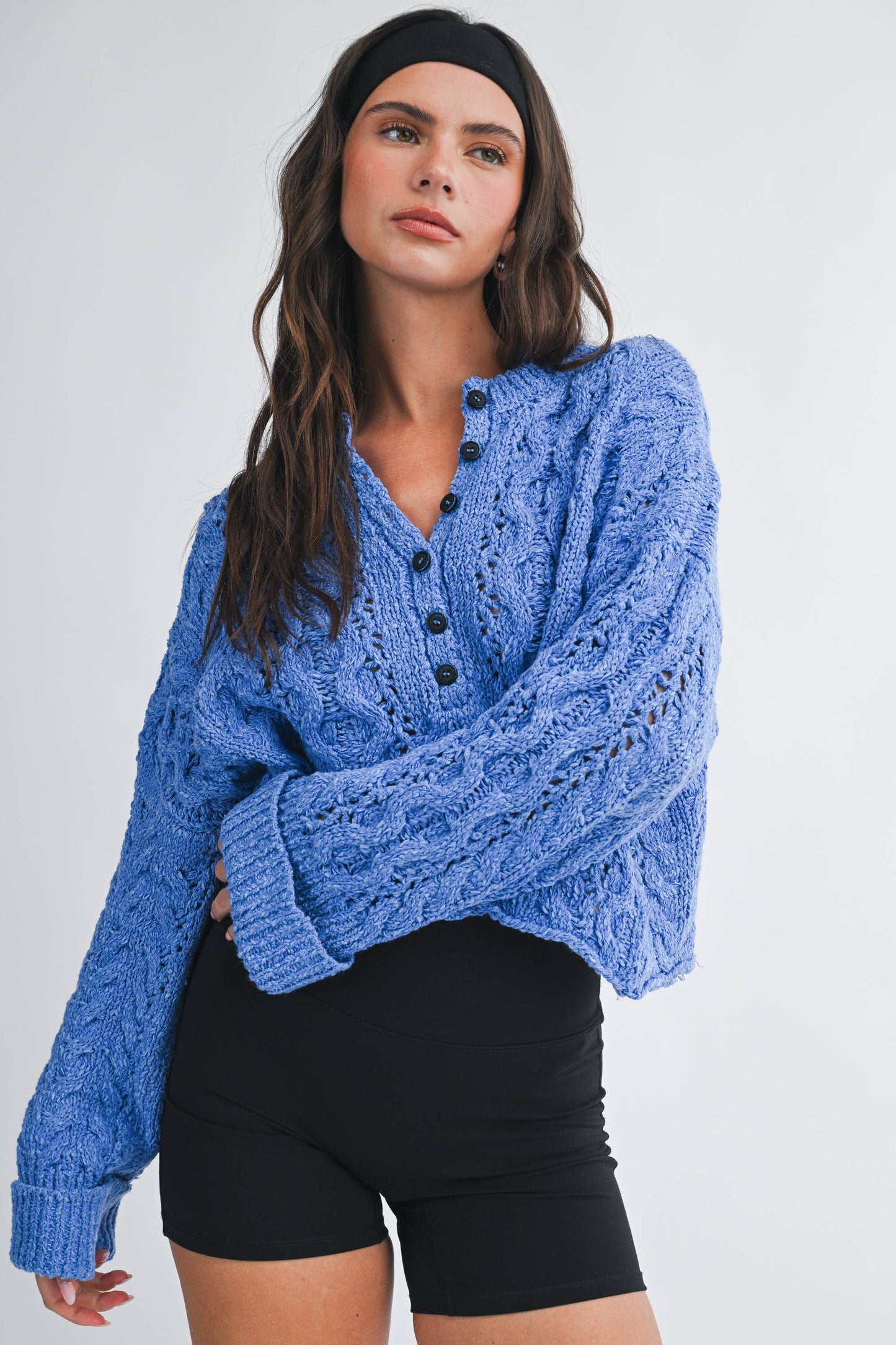 Blue Textured Cropped Henley Knit Sweater