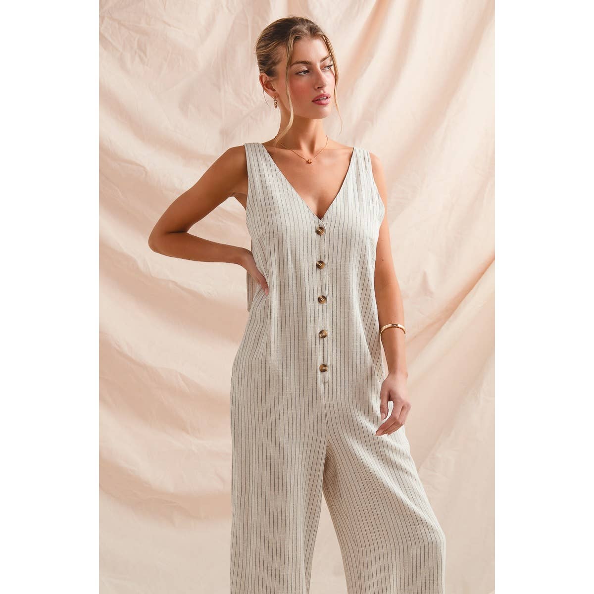 Summer nights button front linen overalls- Oatmeal with black