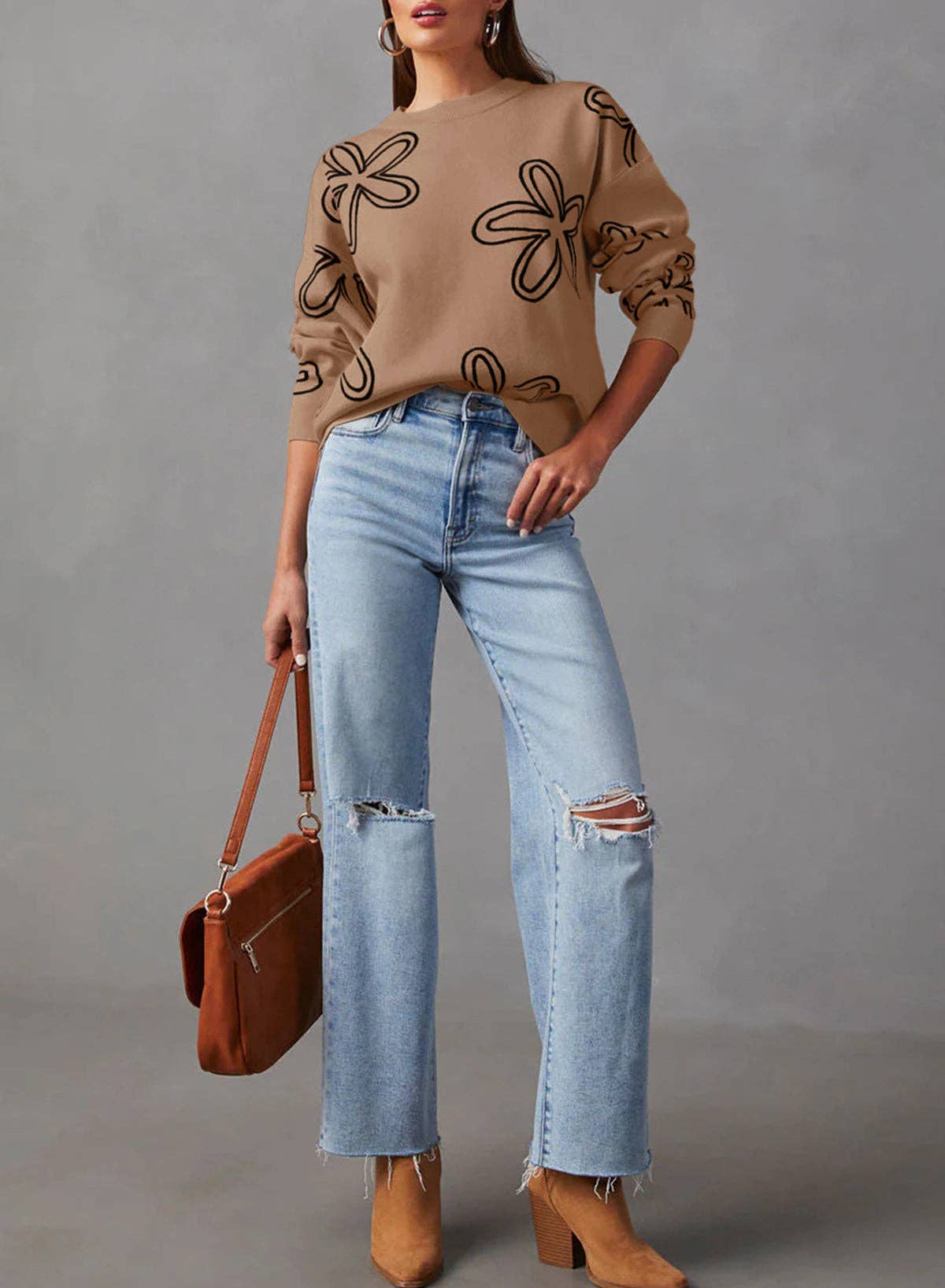 Flower Shape Ribbed Edge Drop Shoulder Sweater