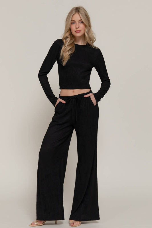 Black Crew Neck Top & Waist Tie Pants Set
