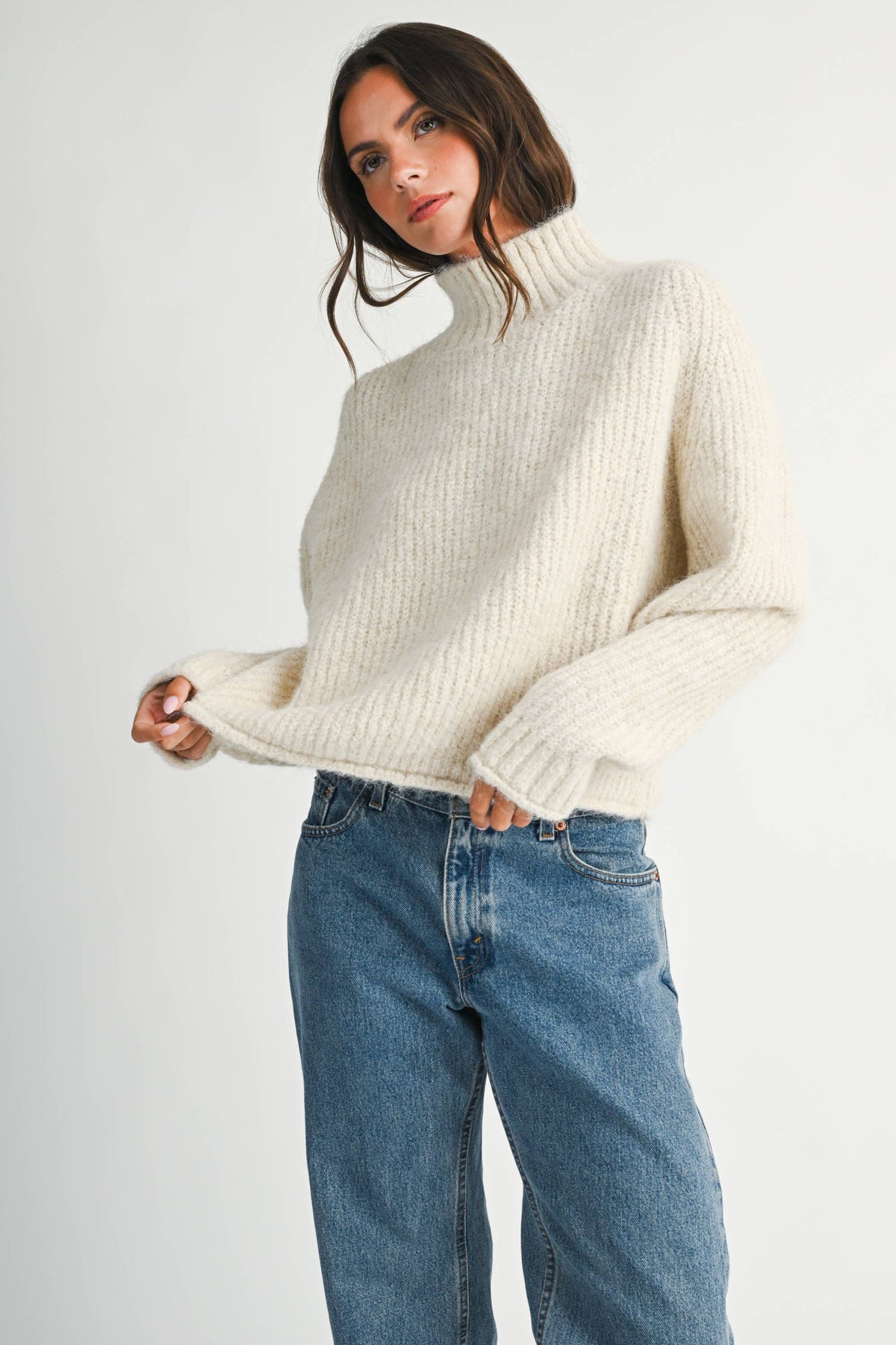 Almond Soft Brushed Mock Neck Sweater