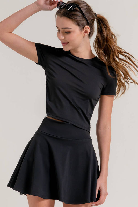 BLACK SHORT SLV SIDE RUCHED ACTIVEWEAR TOP