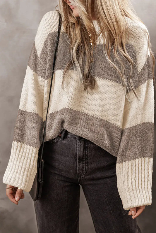 Taupe Colorblock Loose Pullover Sweater