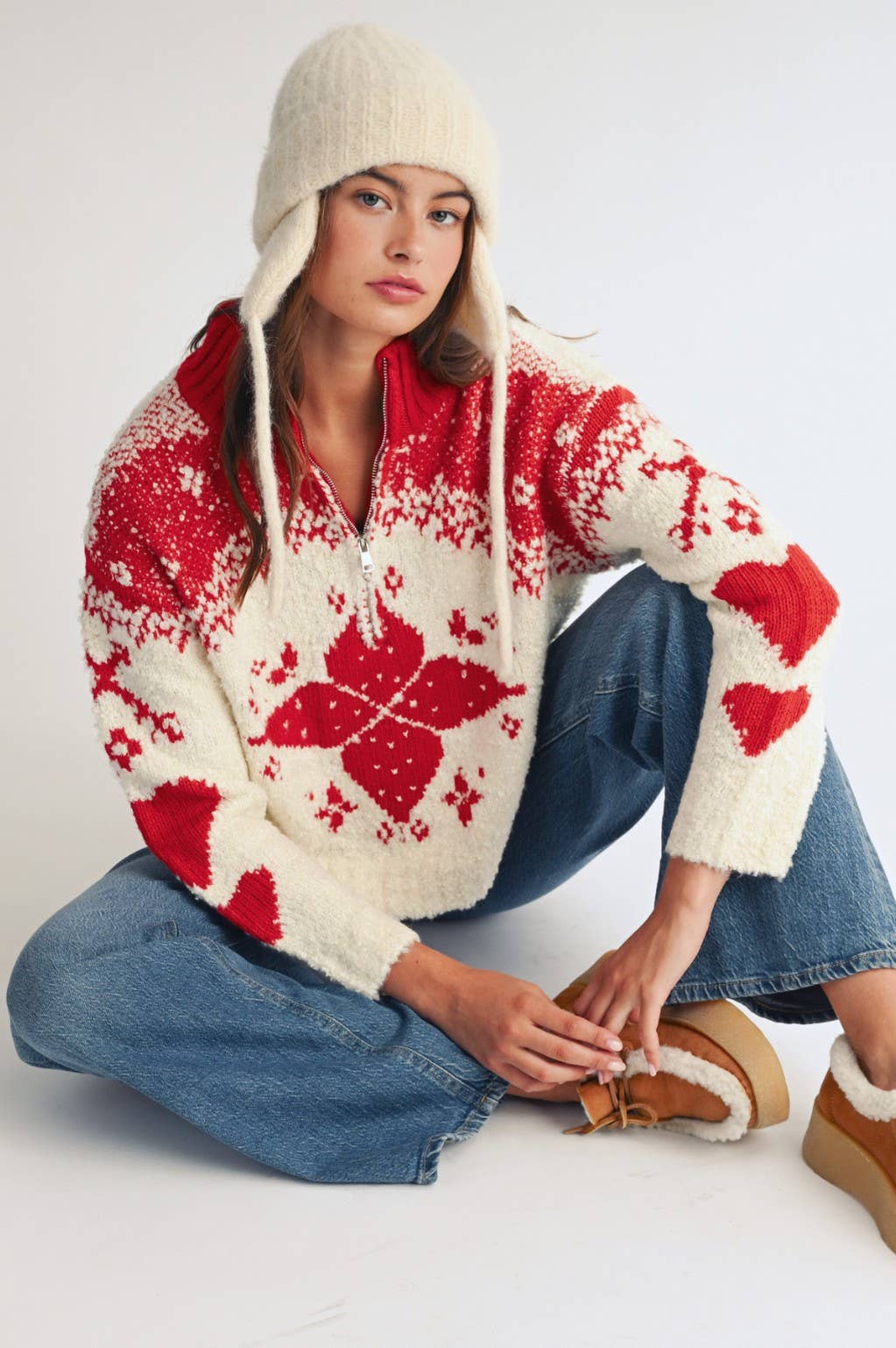 Fair Isle Half Zip Bouclé Sweater