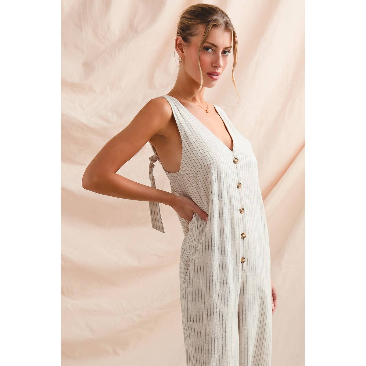 Summer nights button front linen overalls- Oatmeal with black