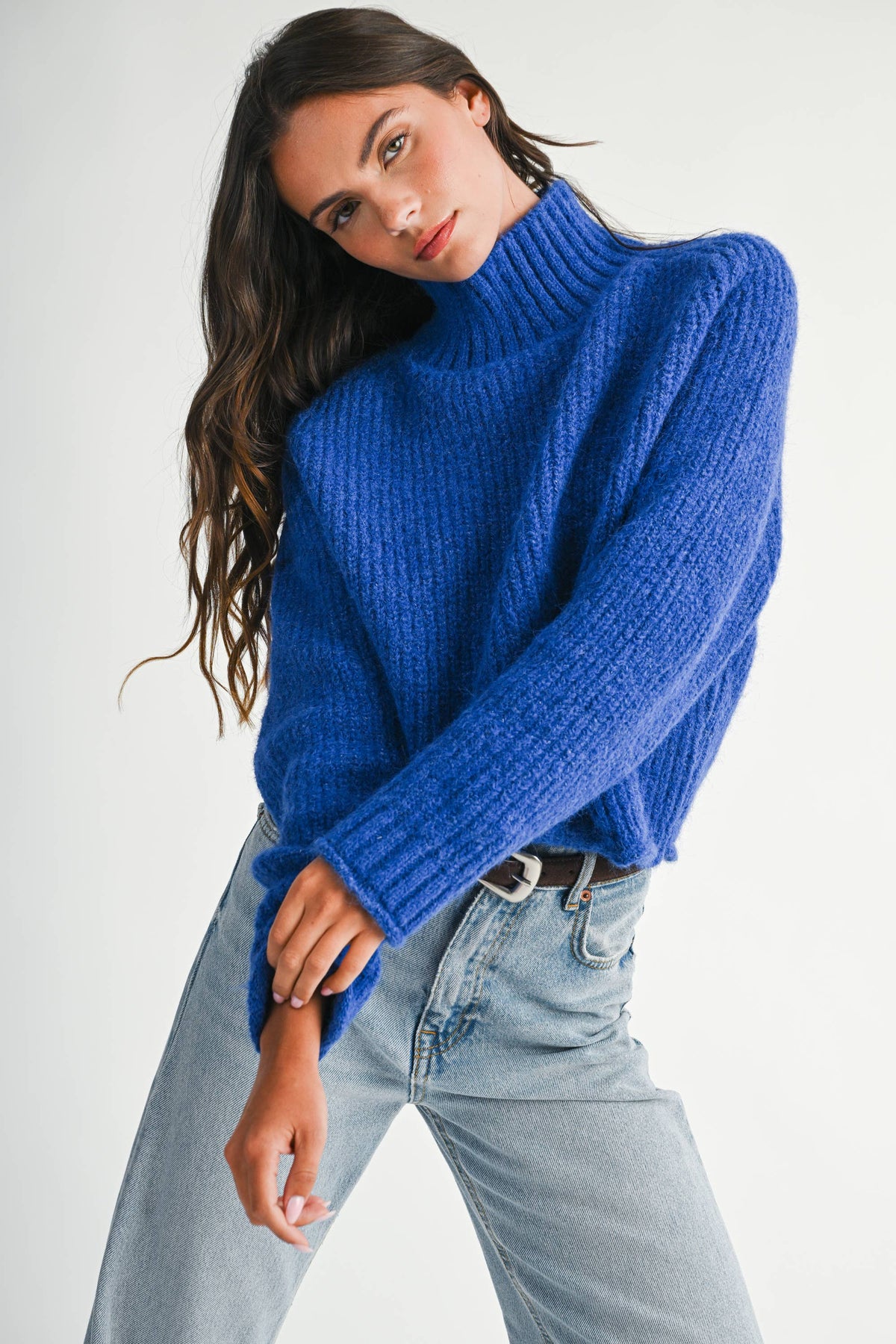 Cobalt Soft Brushed Mock Neck Sweater