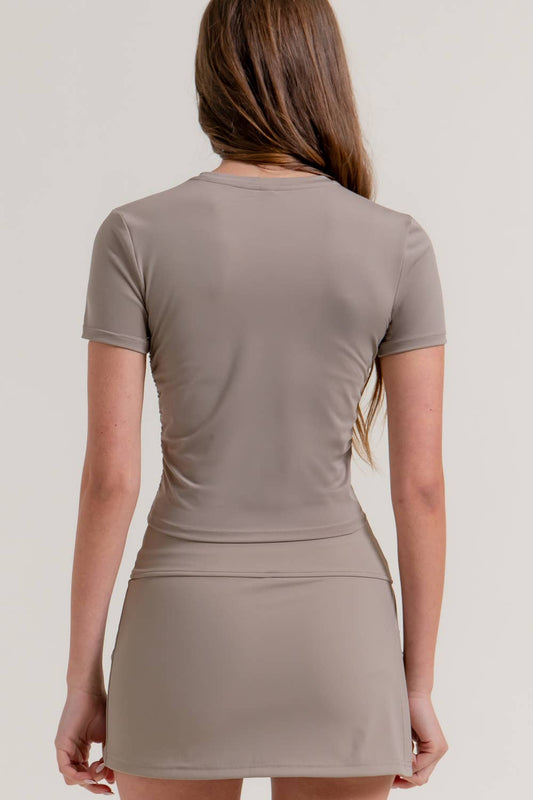 TAUPE SHORT SLV SIDE RUCHED ACTIVEWEAR TOP