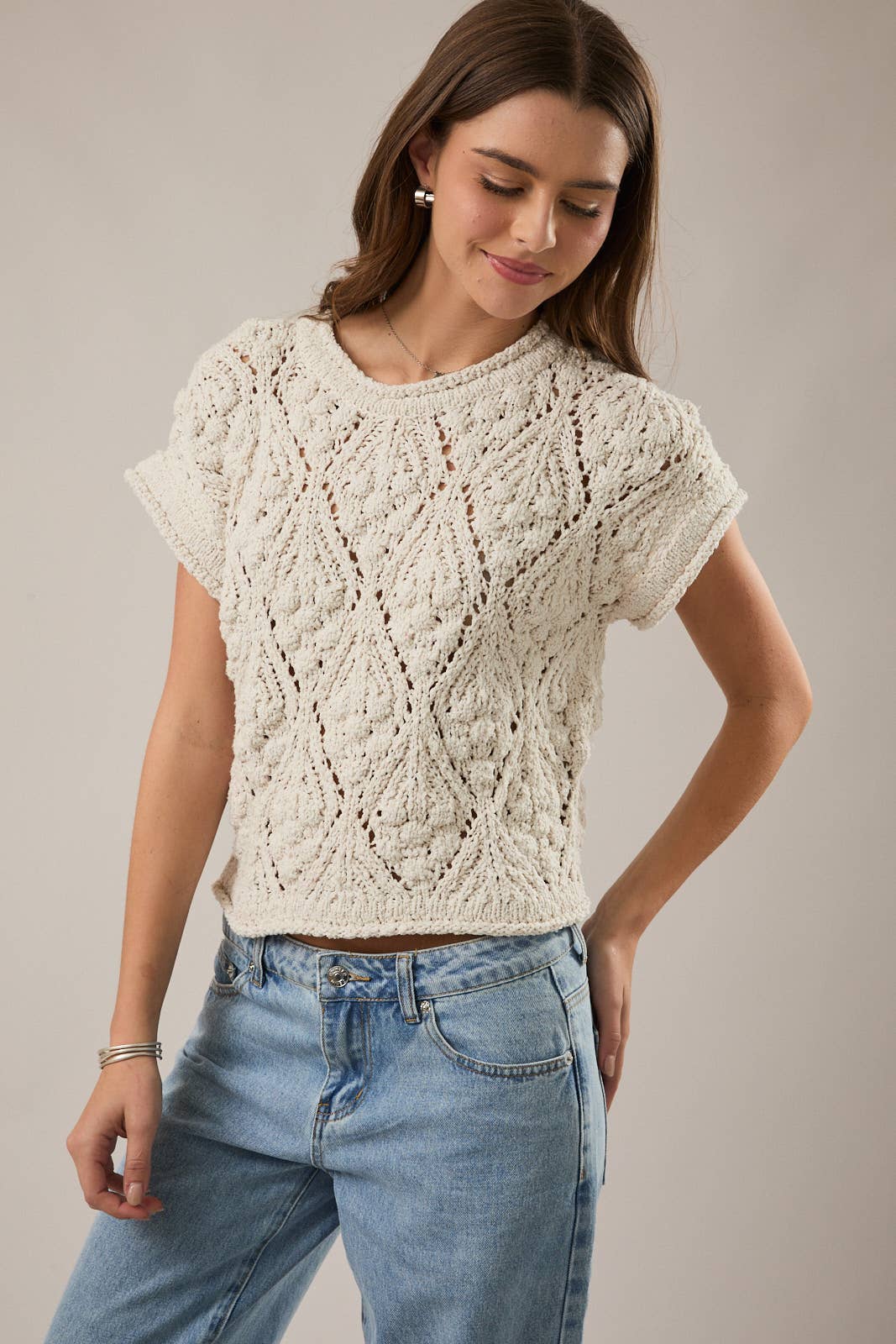 Ivory Lace Knit Short Sleeve Sweater
