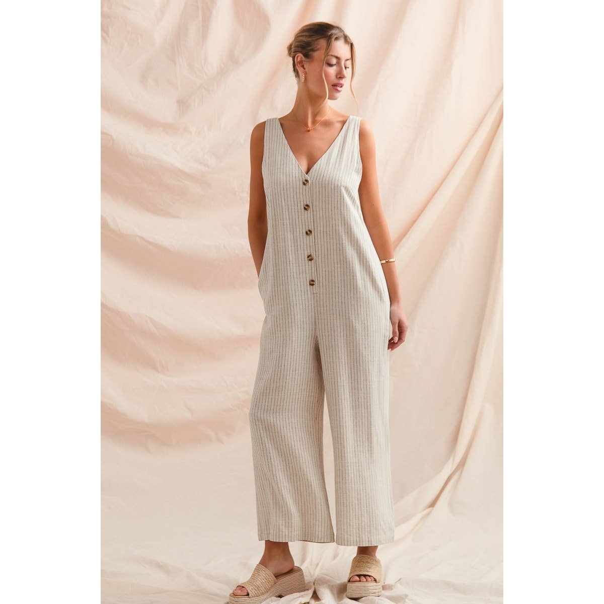 Summer nights button front linen overalls- Oatmeal with black