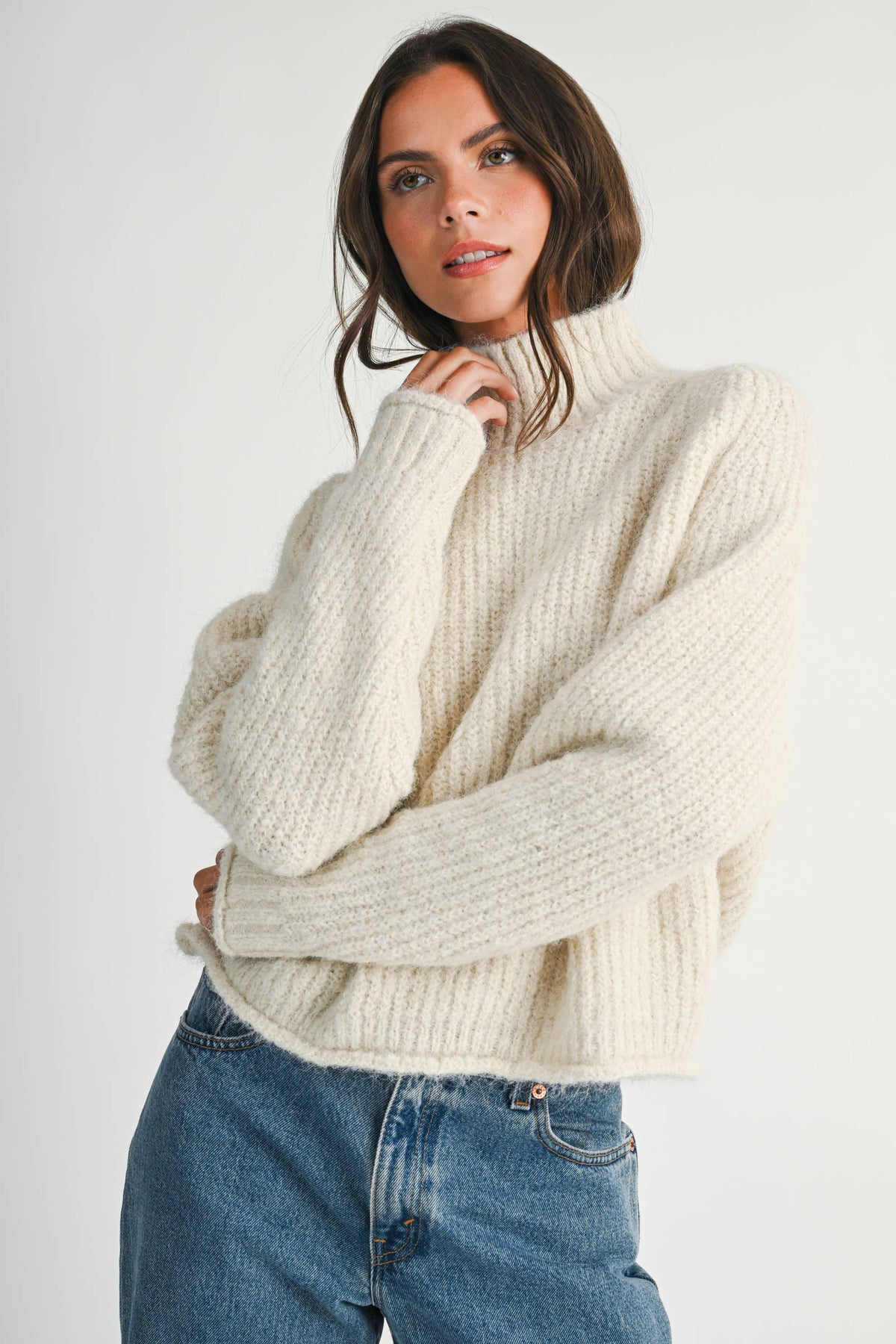 Almond Soft Brushed Mock Neck Sweater
