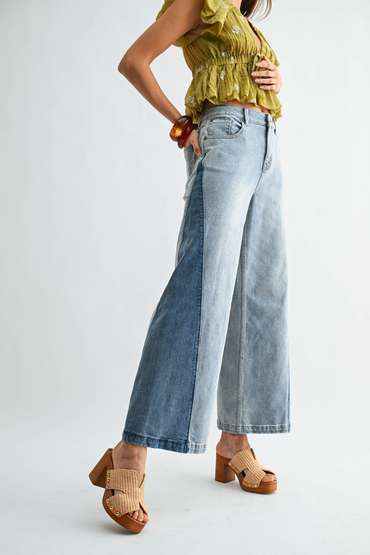 Bonnie Wide-Leg Two-Tone High Waist Denim Jeans