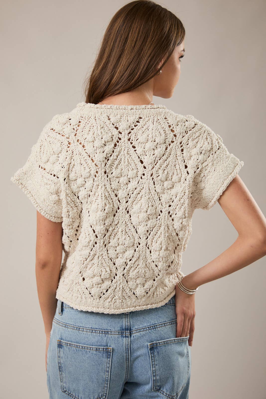 Ivory Lace Knit Short Sleeve Sweater