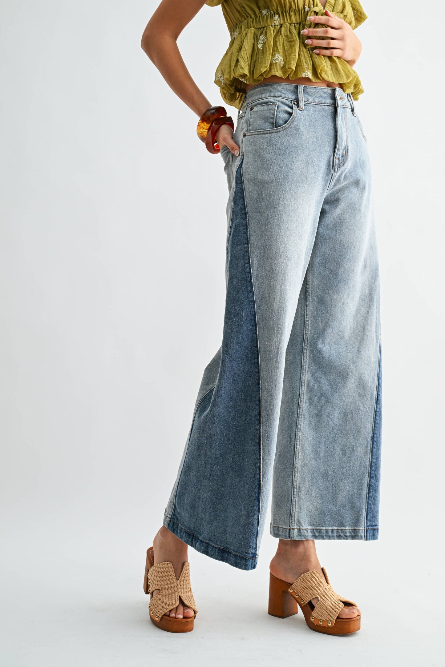 Bonnie Wide-Leg Two-Tone High Waist Denim Jeans